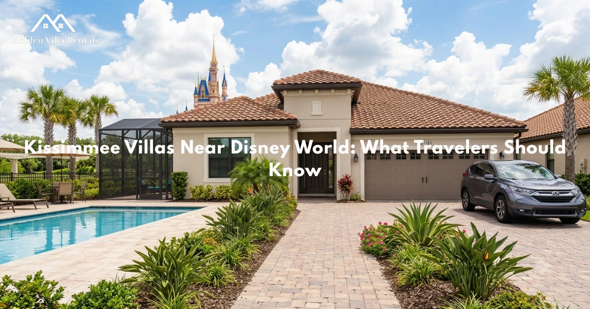Exterior of a single-family vacation villa with a screened pool in Kissimmee.